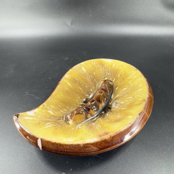 Vintage Mid Century Ceramic RedWare Pottery Ashtray Dish Brown Yellow Drip Glaze - Picture 8 of 13